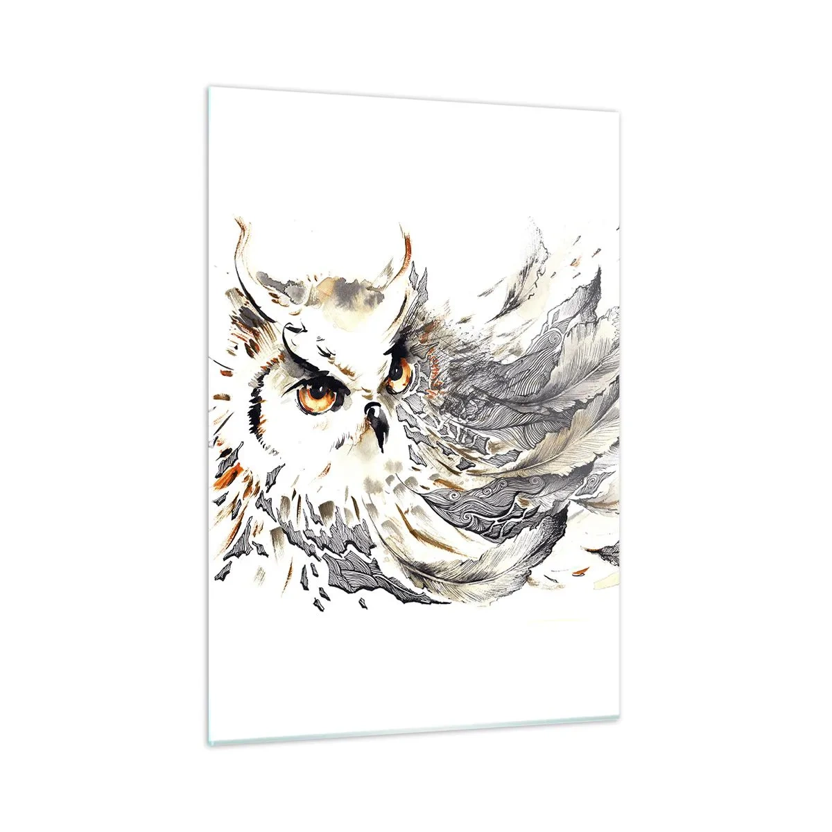 Obraz na szkle - Sowa z artystycznymi piórami w odcieniach pomarańczu i szarości - 50x70cm - Przybyła ze świata magii - Nowoczesna dekoracja ścienna do salonu, kuchni i sypialni ARTTOR