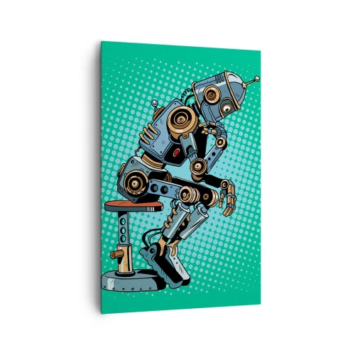 Obraz na płótnie - Robot myśliciel w stylu pop-art na zielonym tle - 80x120cm - Nad istotą bytu - Nowoczesna dekoracja ścienna do salonu i sypialni ARTTOR