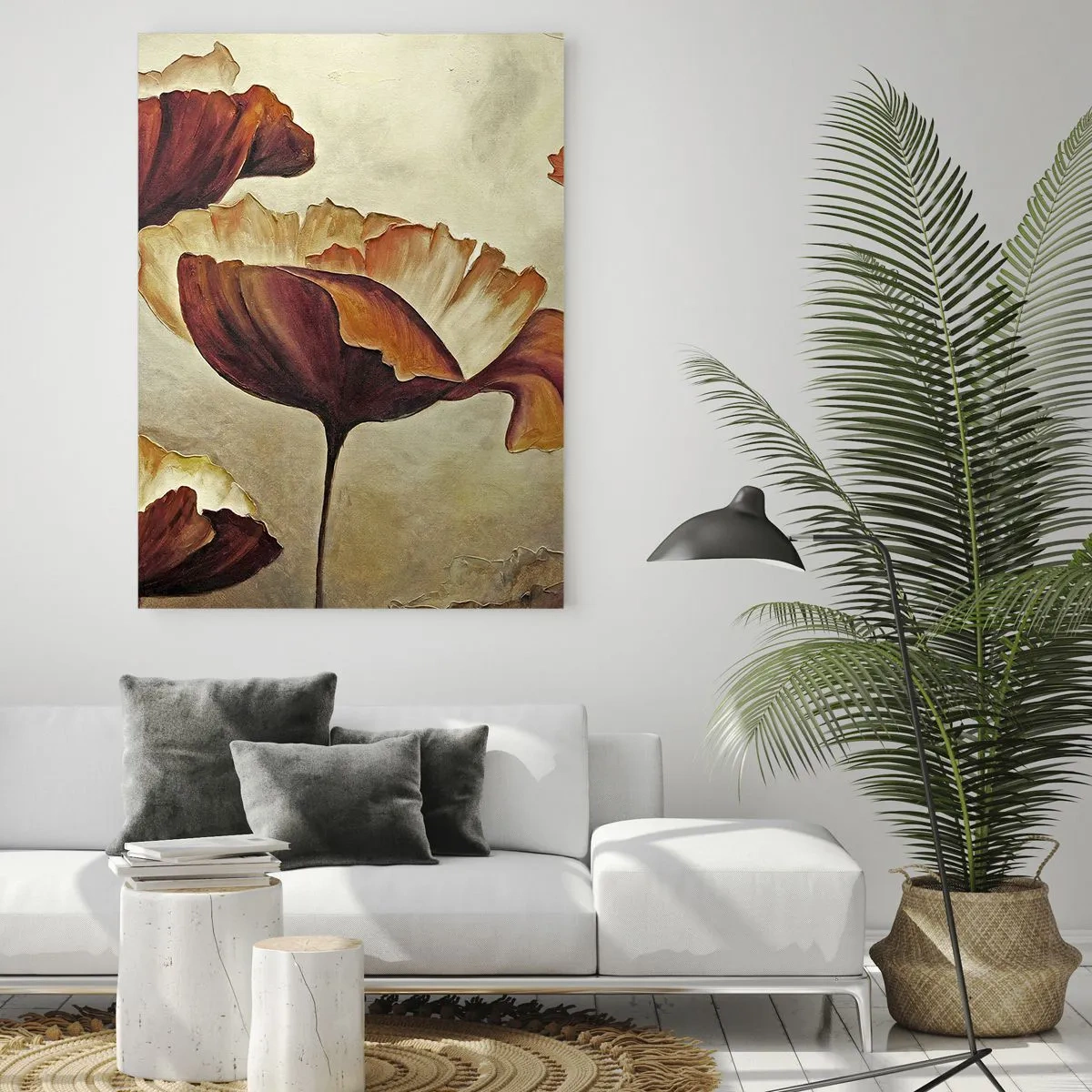 Obraz na szkle - Makowe kwiaty w odcieniach czerwieni i złota na jasnym tle - 50x70cm - Łąki łan - Nowoczesna dekoracja ścienna do salonu, kuchni i sypialni ARTTOR