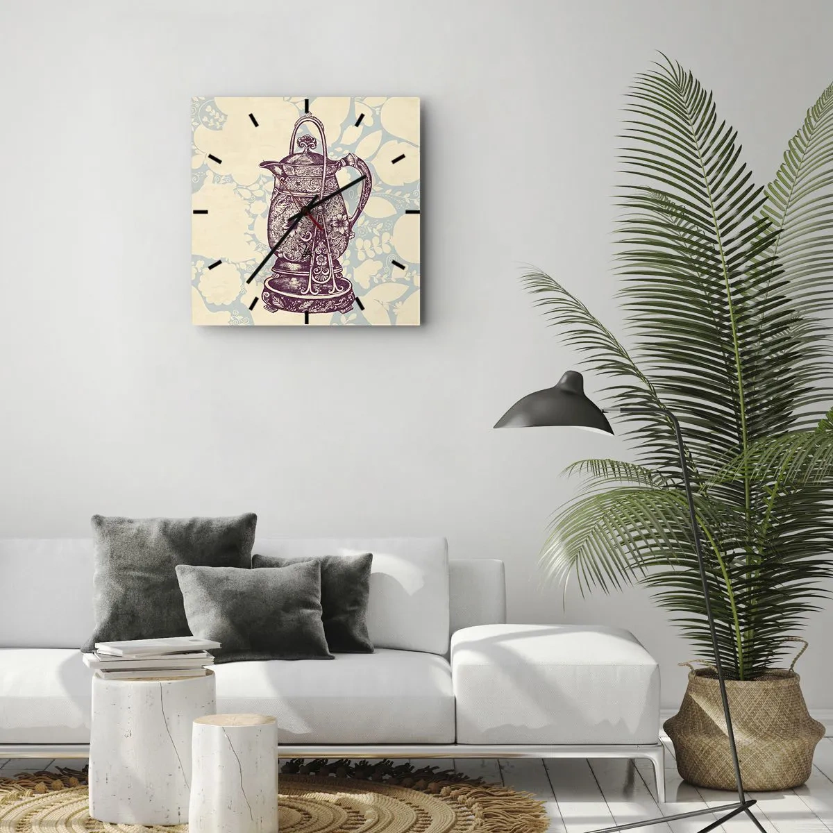 Zegar ścienny - Stylizowany dzbanek z ornamentami na tle kwiatowym - 30x30cm - Uroda codzienności - Nowoczesna dekoracja ścienna do salonu i sypialni ARTTOR