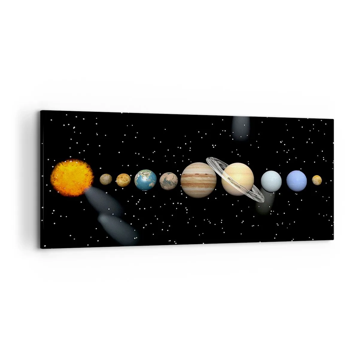 Obraz na płótnie - Układ słoneczny z planetami na tle gwiazd w kosmosie - 120x50cm - A planety szaleją, szaleją… - Nowoczesna dekoracja ścienna do salonu i sypialni ARTTOR