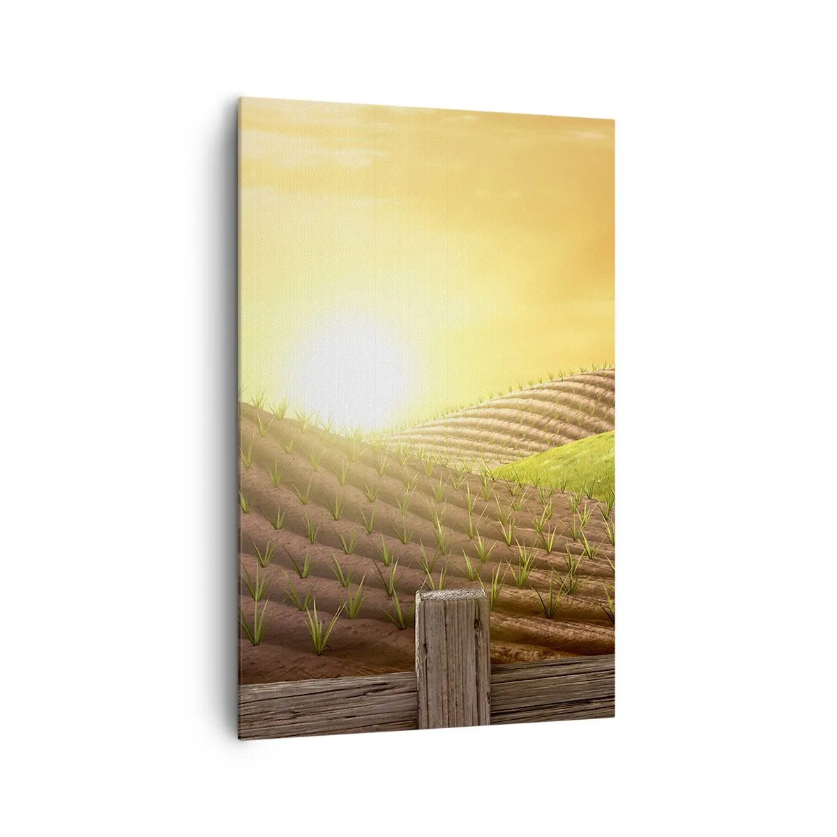 Obraz na płótnie - Wiejski krajobraz z czerwoną stodołą, traktorem i wschodem słońca - 80x120cm - Farma jak z bajki - Nowoczesna dekoracja ścienna do salonu i sypialni ARTTOR