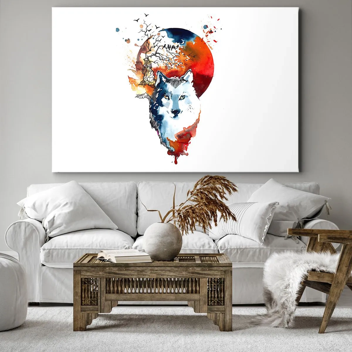 Obraz na płótnie - Abstrakcyjna akwarela wilka na tle czerwonego księżyca - 120x80cm - Nos w nos z nocą - Nowoczesna dekoracja ścienna do salonu, kuchni i sypialni ARTTOR