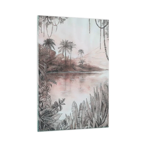 Obraz na szkle - Rysunkowy pejzaż tropikalny w stylu vintage z palmami i wodą - 70x100cm - XIX-wieczny pamiętnik odkrywcy - Nowoczesna dekoracja ścienna do salonu i sypialni ARTTOR