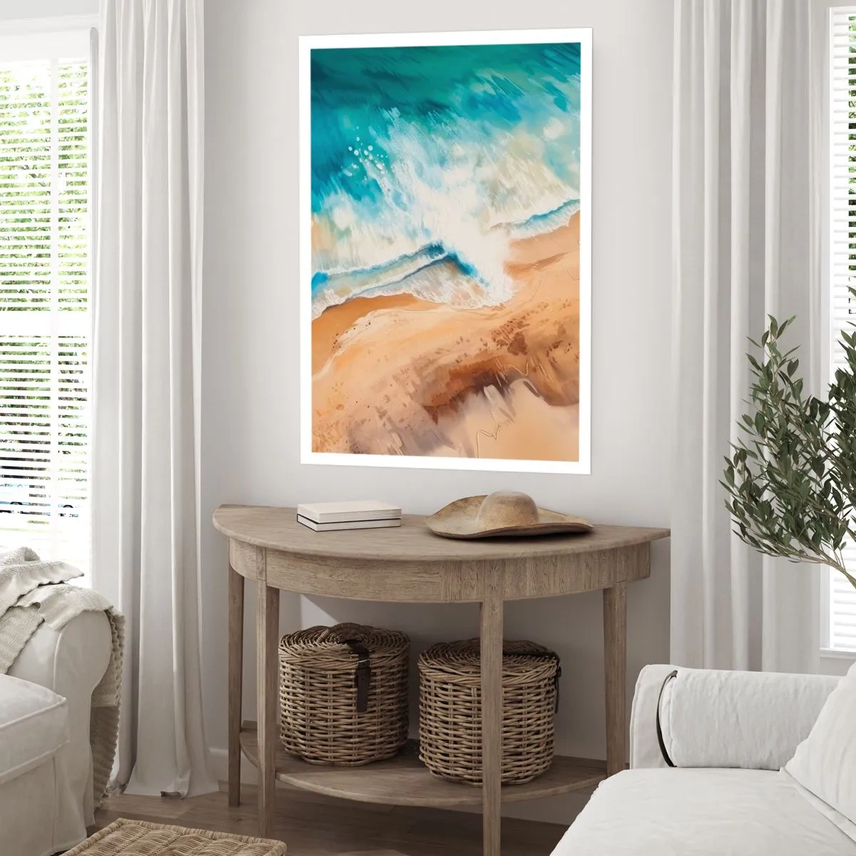 Plakat - Abstrakcyjna scena z falą uderzającą w brzeg w odcieniach turkusu i piasku - 50x70cm - Powracająca fala - Nowoczesna dekoracja ścienna do salonu, kuchni i sypialni ARTTOR