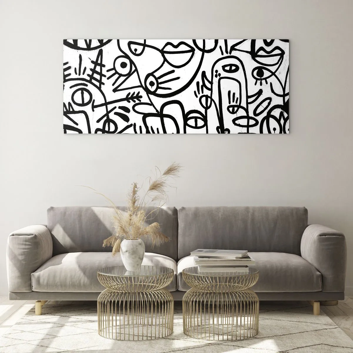 Obraz na szkle - Czarno-białe abstrakcyjne rysunki z motywami twarzy - 120x50cm - Twarze i miraże - Nowoczesna dekoracja ścienna do salonu i sypialni ARTTOR
