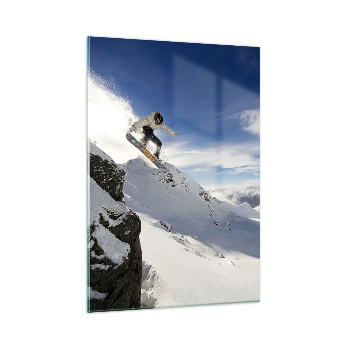 Obraz na szkle - Snowboardzista skaczący z klifu w górach zimą - 50x70cm - Wolność bez granic - Nowoczesna dekoracja ścienna do salonu, kuchni i sypialni ARTTOR