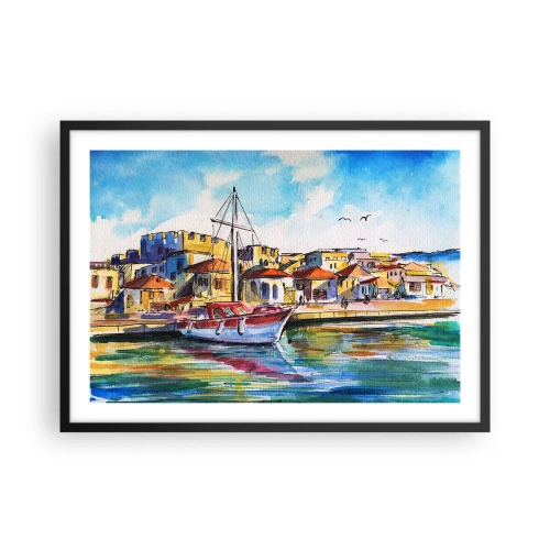 Plakat w czarnej ramie - Malowniczy port z łodzią i kolorowymi budynkami - 70x50cm - Tęczowe popołudnie - Nowoczesna dekoracja ścienna do salonu i sypialni ARTTOR