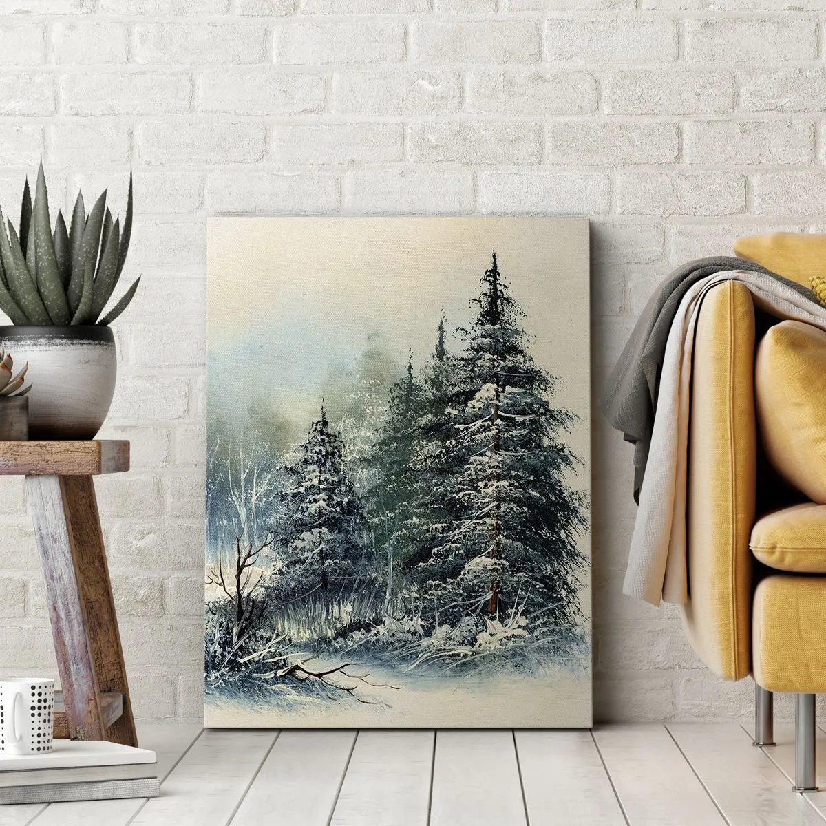 Obraz na płótnie - Zimowy krajobraz z ośnieżonymi drzewami na tle jasnego nieba - 50x70cm - Gotowe do Świąt - Nowoczesna dekoracja ścienna do salonu, kuchni i sypialni ARTTOR