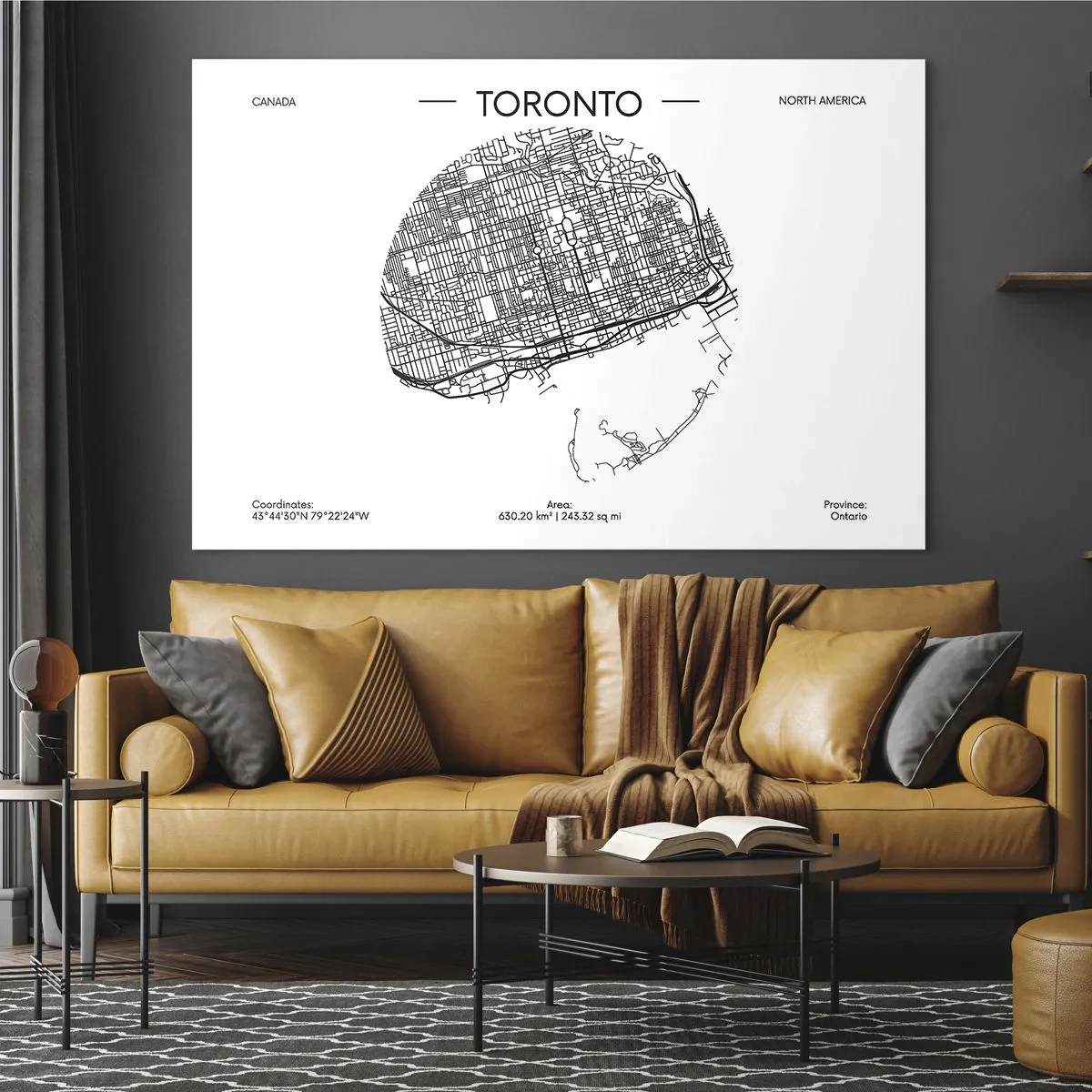 Obraz na szkle - Mapa Toronto w minimalistycznym stylu z siatką ulic - 70x50cm - Anatomia Toronto - Nowoczesna dekoracja ścienna do salonu i sypialni ARTTOR