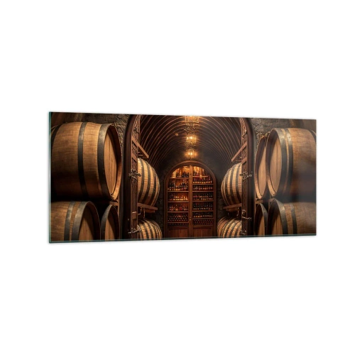 Obraz na szkle - Winiarnia z drewnianymi beczkami i półkami z winami - 120x50cm - Klimatyczna piwnica - Nowoczesna dekoracja ścienna do salonu i sypialni ARTTOR