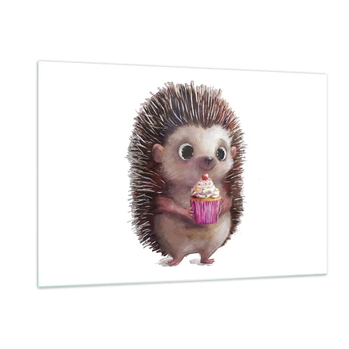 Obraz na szkle - Uroczy jeż z babeczką na białym tle - 120x80cm - Święto jest co dzień - Nowoczesna dekoracja ścienna do salonu, kuchni i sypialni ARTTOR