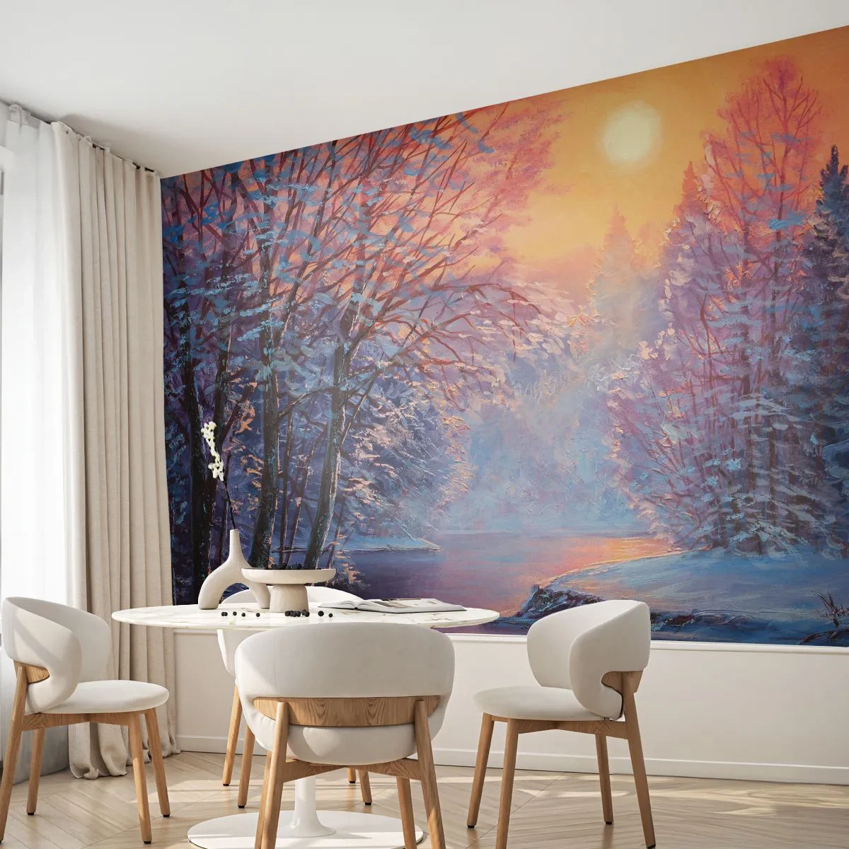 Fototapeta Premium Sand - Zimowy pejzaż o zachodzie słońca nad rzeką - 100x70cm - Barwy zimy - Nowoczesna dekoracja ścienna do salonu, kuchni i sypialni ARTTOR