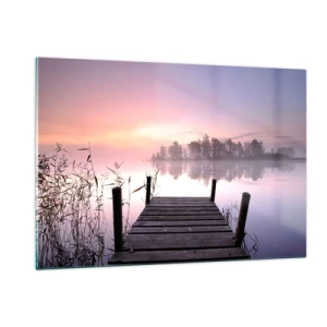 Obraz na szkle - Pomost o wschodzie słońca nad spokojnym jeziorem - 120x80cm - Z liliowej mgły... - Nowoczesna dekoracja ścienna do salonu, kuchni i sypialni ARTTOR