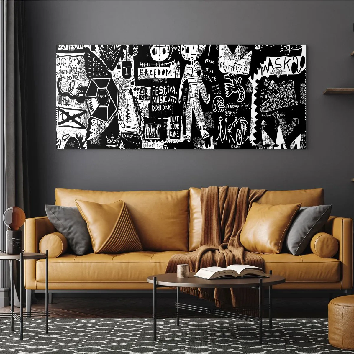 Obraz na szkle - Czarno-biały kolaż inspirowany sztuką uliczną - 120x50cm - Duchowej młodości prawa i radości - Nowoczesna dekoracja ścienna do salonu i sypialni ARTTOR
