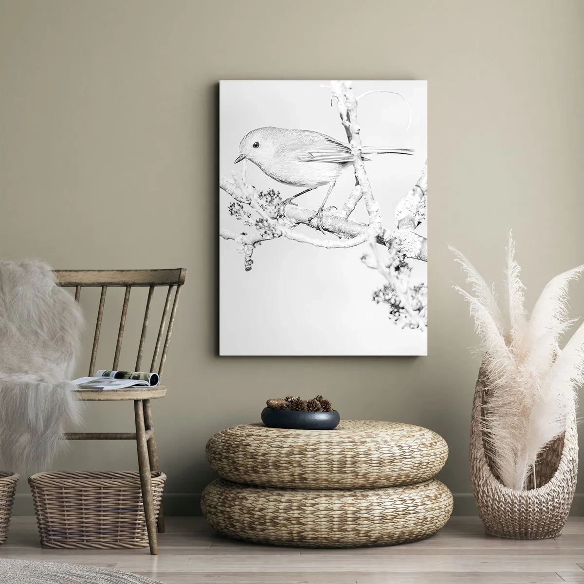 Obraz na płótnie - Ptak na gałęzi w czerni i bieli z minimalistycznym stylem - 80x120cm - Zimowy poranek - Nowoczesna dekoracja ścienna do salonu i sypialni ARTTOR