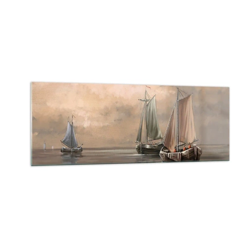 Obraz na szkle - Żaglówki na spokojnym morzu w pastelowej scenerii - 140x50cm - Powrót żeglarzy - Nowoczesna dekoracja ścienna do salonu i sypialni ARTTOR