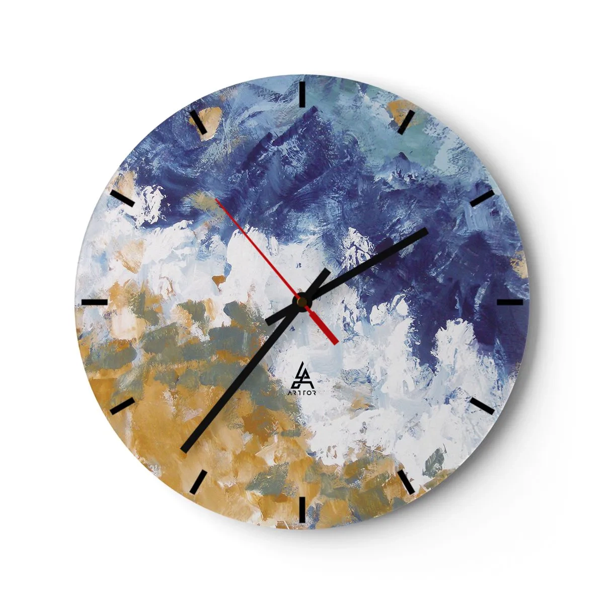 Zegar ścienny - Ekspresyjna abstrakcja w barwach błękitu, bieli i ochry - 30x30cm - Taniec żywiołów - Nowoczesna dekoracja ścienna do salonu, kuchni i sypialni ARTTOR
