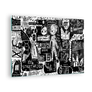 Obraz na szkle - Czarno-biała grafika w stylu street art z postaciami i symbolami - 70x50cm - Duchowej młodości prawa i radości - Nowoczesna dekoracja ścienna do salonu i sypialni ARTTOR