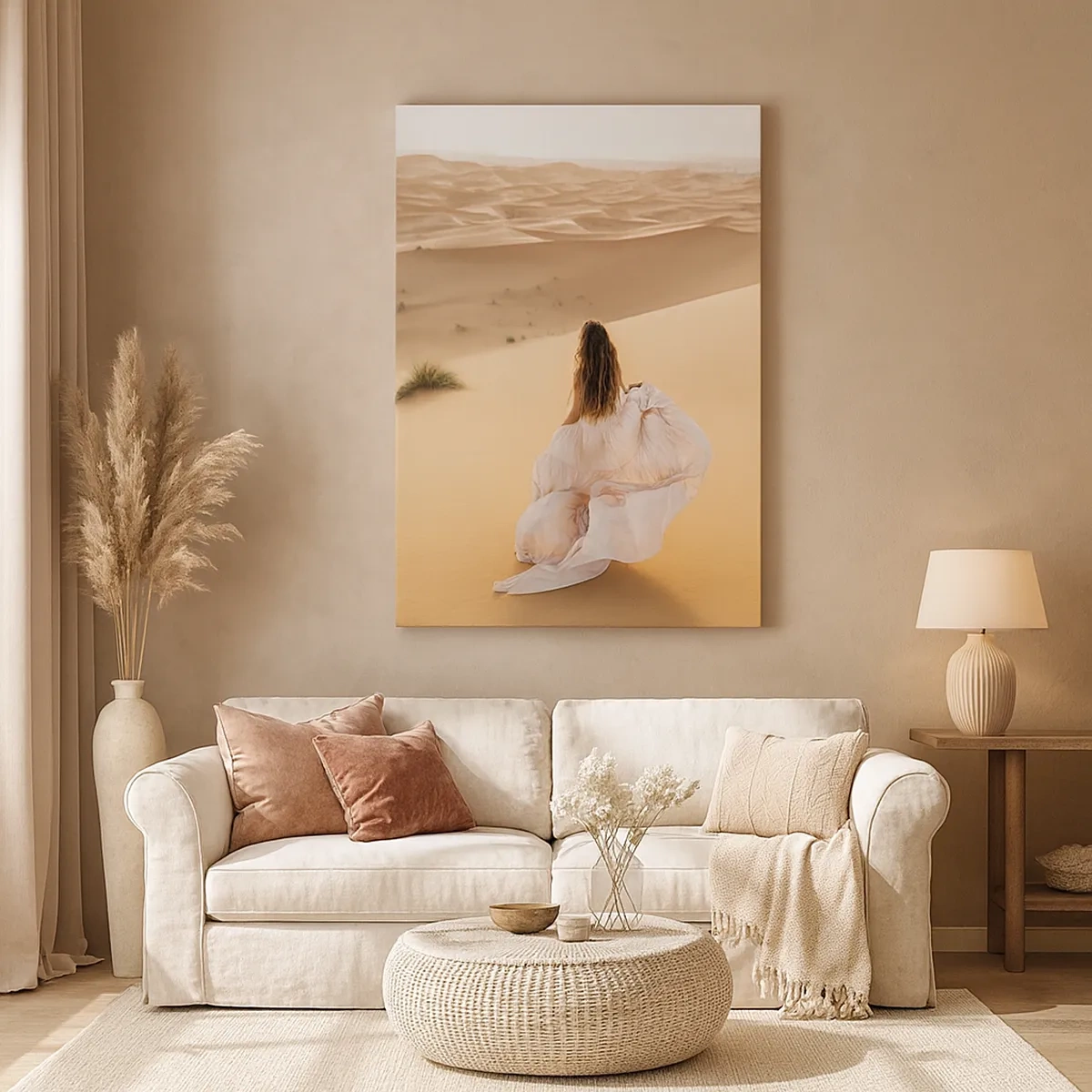 Obraz na płótnie - Kobieta w zwiewnej sukni idąca przez pustynne wydmy - 50x70cm - Ucieczka do wolności - Nowoczesna dekoracja ścienna do salonu, kuchni i sypialni ARTTOR