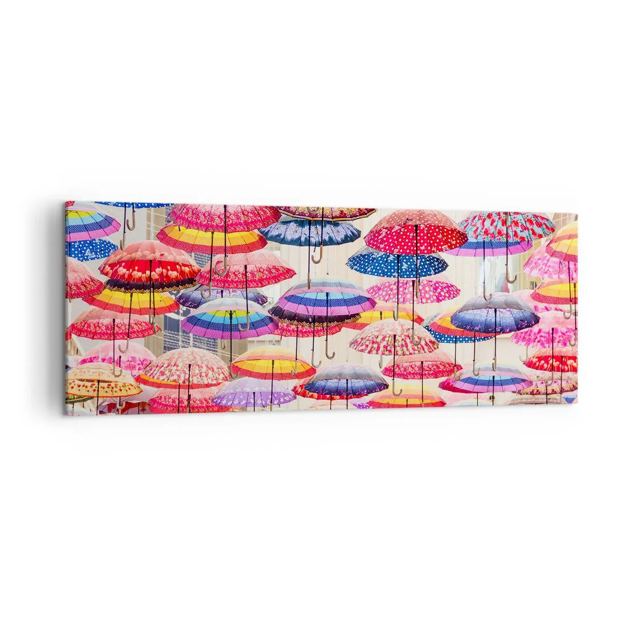 Obraz na płótnie - Kolorowe parasole zawieszone w powietrzu - 140x50cm - Miejska łąka - Nowoczesna dekoracja ścienna do salonu i sypialni ARTTOR