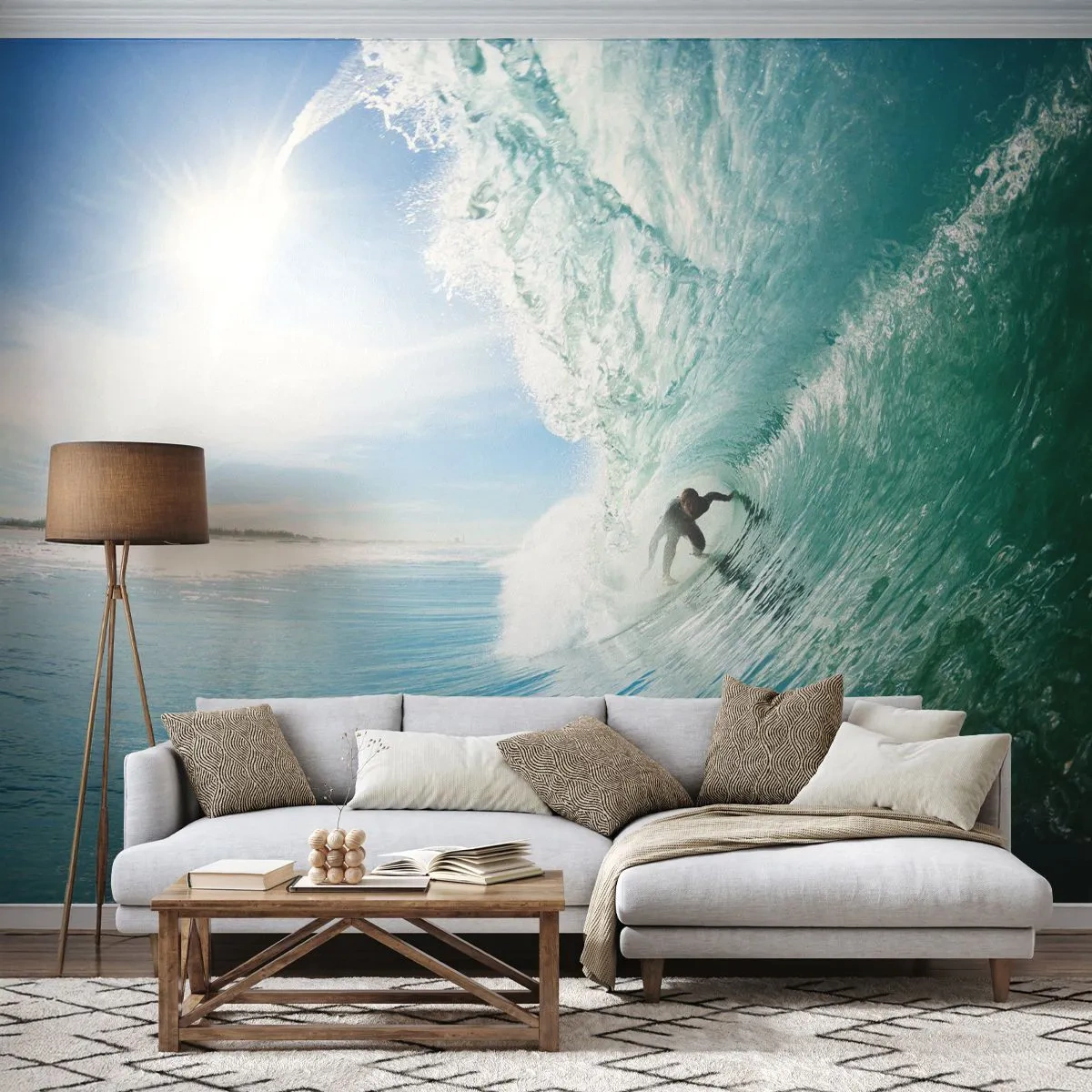 Fototapeta Premium Canvas - Surfer na fali w świetle słońca na tle błękitnego nieba - 100x70cm - Zawsze na fali - Nowoczesna dekoracja ścienna do salonu i sypialni ARTTOR