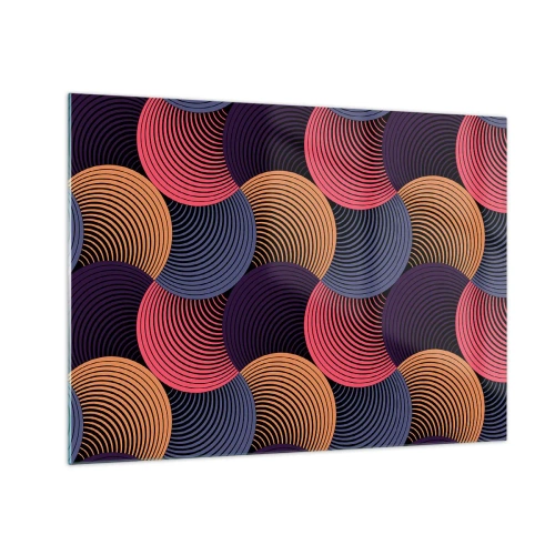 Obraz na szkle - Kolorowe koncentryczne okręgi tworzące geometryczny wzór - 70x50cm - W kolistym rytmie - Nowoczesna dekoracja ścienna do salonu i sypialni ARTTOR