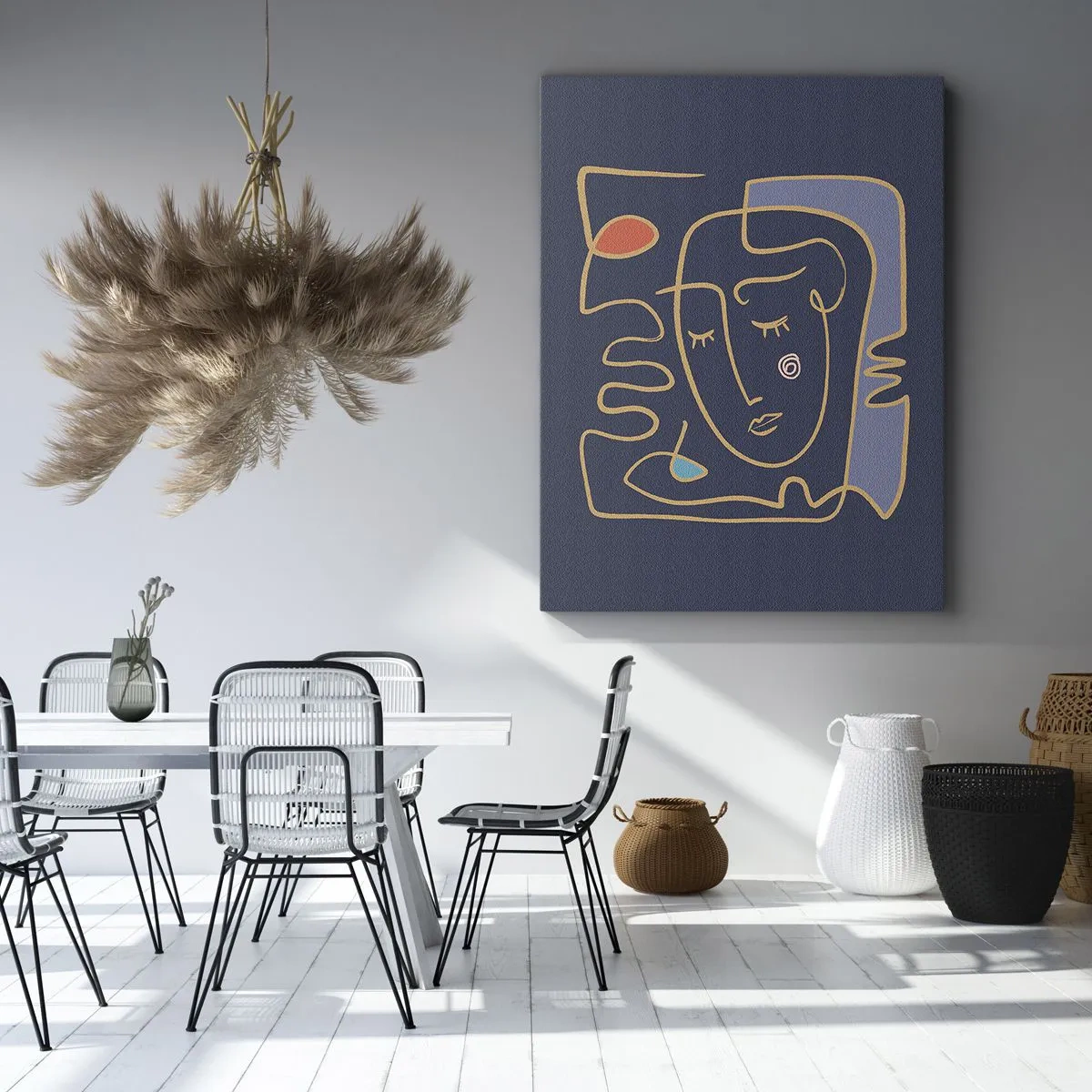 Obraz na płótnie - Minimalistyczna abstrakcyjna ilustracja twarzy na granatowym tle - 50x70cm - W zamyśleniu - Nowoczesna dekoracja ścienna do salonu, kuchni i sypialni ARTTOR