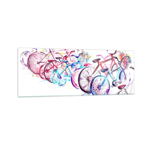 Obraz na szkle - Kolorowe rowery w artystycznym stylu akwarelowym - 140x50cm - Zjazd klubu Antymoto - Nowoczesna dekoracja ścienna do salonu i sypialni ARTTOR