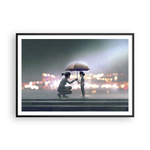Plakat w czarnej ramie - Postać z parasolem chroniąca dziecko na tle nocnych świateł - 100x70cm - I już jest wszystko dobrze - Nowoczesna dekoracja ścienna do salonu i sypialni ARTTOR