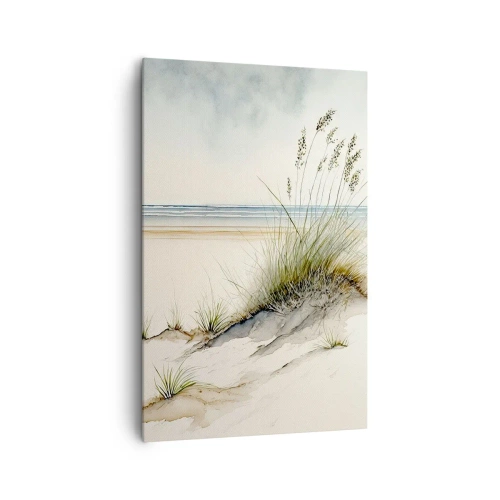 Obraz na płótnie - Piaskowa wydma z trawami na tle spokojnego morza i nieba - 80x120cm - Wypieszczone przez wiatr - Nowoczesna dekoracja ścienna do salonu i sypialni ARTTOR