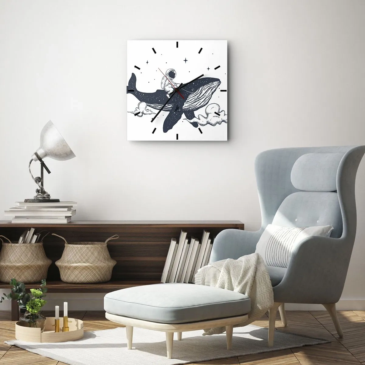 Zegar ścienny - Astronauta na wielorybie unoszącym się w kosmosie - 30x30cm - Kosmiczna przygoda - Nowoczesna dekoracja ścienna do salonu i sypialni ARTTOR