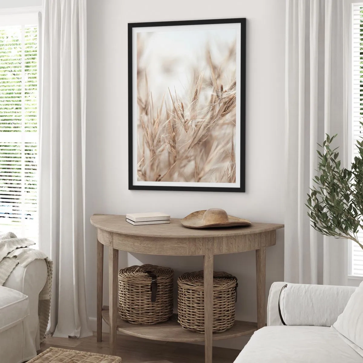 Plakat w czarnej ramie - Delikatne kłosy traw w beżach - 50x70cm - Łąka i wiatr - Nowoczesna dekoracja ścienna do salonu i sypialni ARTTOR