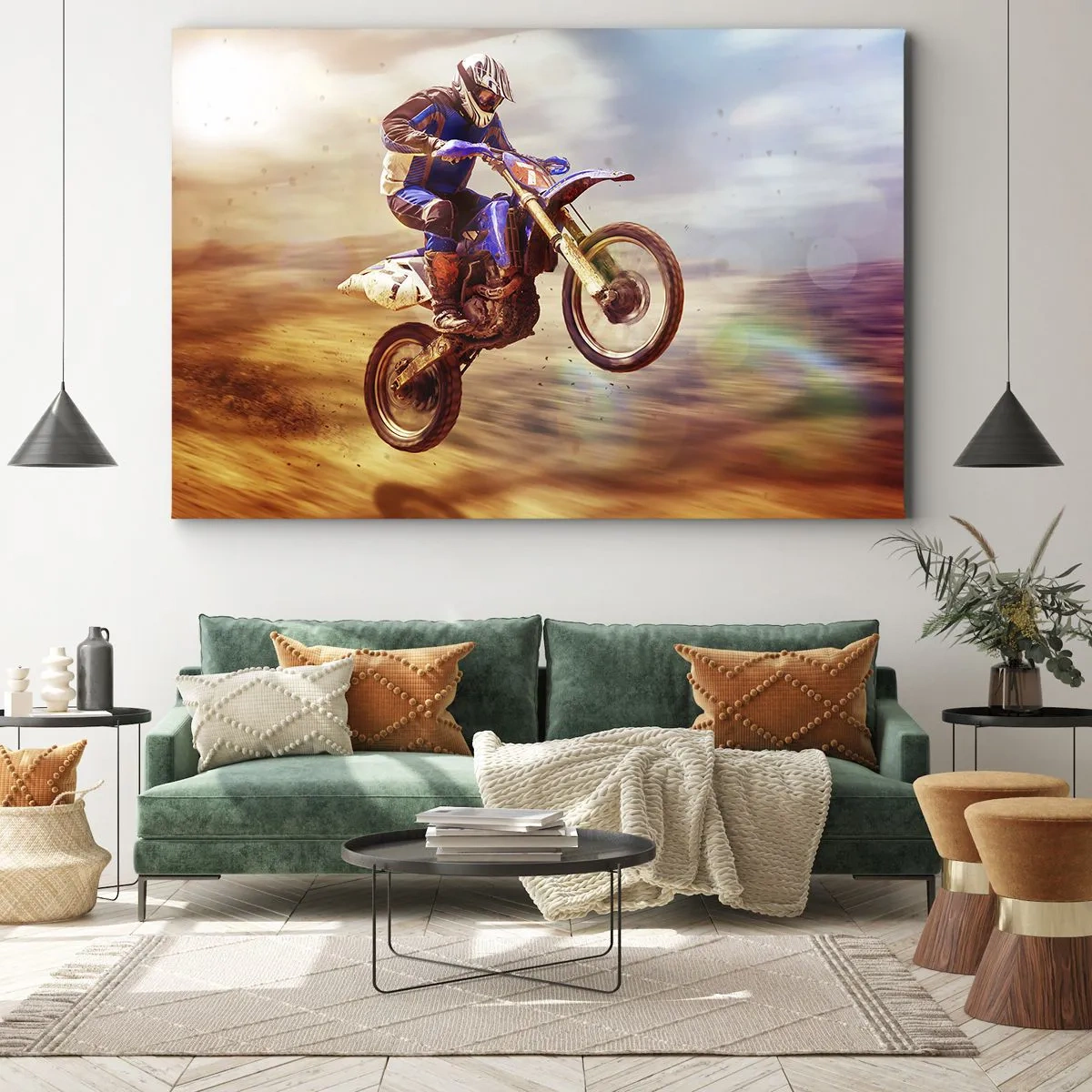 Obraz na płótnie - Motocyklista w locie podczas dynamicznej jazdy w terenie - 70x50cm - Motocyklowy zawrót głowy - Nowoczesna dekoracja ścienna do salonu i sypialni ARTTOR