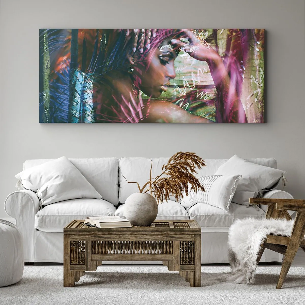 Obraz na płótnie - Portret kobiety w otoczeniu egzotycznej roślinności - 120x50cm - Matka Natura w dżungli - Nowoczesna dekoracja ścienna do salonu i sypialni ARTTOR