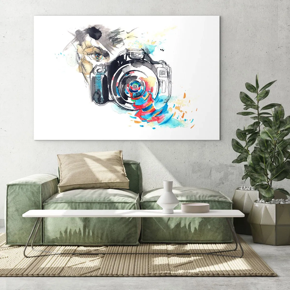 Obraz na szkle - Aparat fotograficzny z abstrakcyjnymi kolorowymi elementami - 100x70cm - W oku obiektywu - Nowoczesna dekoracja ścienna do salonu, kuchni i sypialni ARTTOR