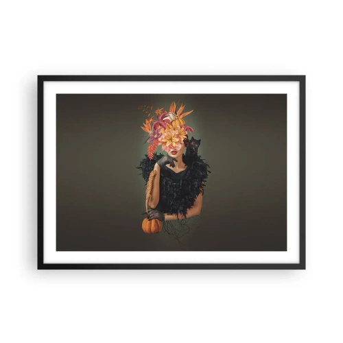 Plakat w czarnej ramie - Portret kobiety z jesiennymi motywami i kotem - 70x50cm - Czar wiedźmy - Nowoczesna dekoracja ścienna do salonu i sypialni ARTTOR