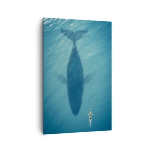 Obraz na płótnie - Kajak płynący nad cieniem wieloryba w lazurowej wodzie - 80x120cm - Spotkanie na oceanie - Nowoczesna dekoracja ścienna do salonu i sypialni ARTTOR