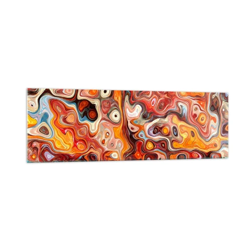 Obraz na szkle - Abstrakcyjna kompozycja w ciepłych odcieniach czerwieni, pomarańczu i żółci - 160x50cm - Gdyby orzechy rozpływały się w miodzie - Nowoczesna dekoracja ścienna do salonu i sypialni ARTTOR