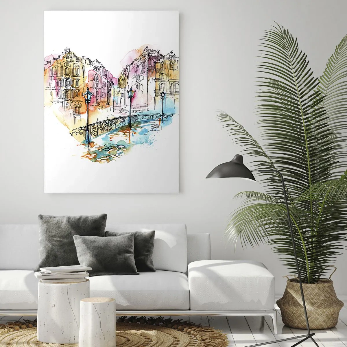 Obraz na szkle - Romantyczne kamienice z mostem w kształcie serca, akwarela - 50x70cm - Serce miasta - Nowoczesna dekoracja ścienna do salonu, kuchni i sypialni ARTTOR