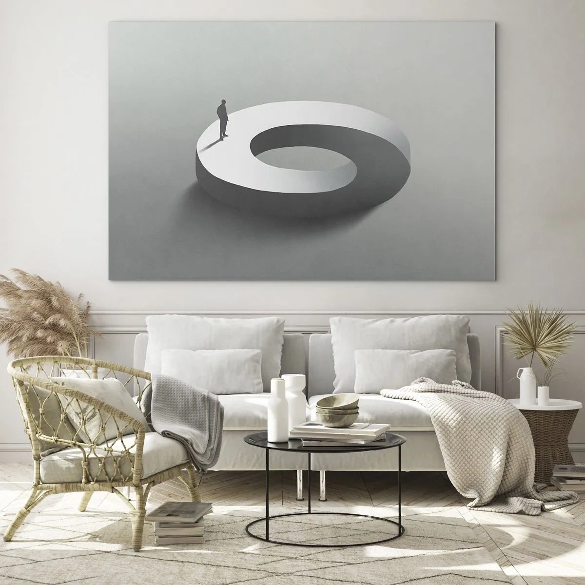 Obraz na szkle - Minimalistyczna sylwetka człowieka na białym pierścieniu - 70x50cm - I bądź tu mądry - Nowoczesna dekoracja ścienna do salonu i sypialni ARTTOR