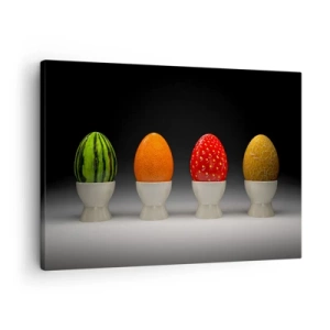 Obraz na płótnie - Kolorowe jajka przypominające owoce na ciemnym tle - 70x50cm - Owocowe śniadanie - Nowoczesna dekoracja ścienna do salonu i sypialni ARTTOR