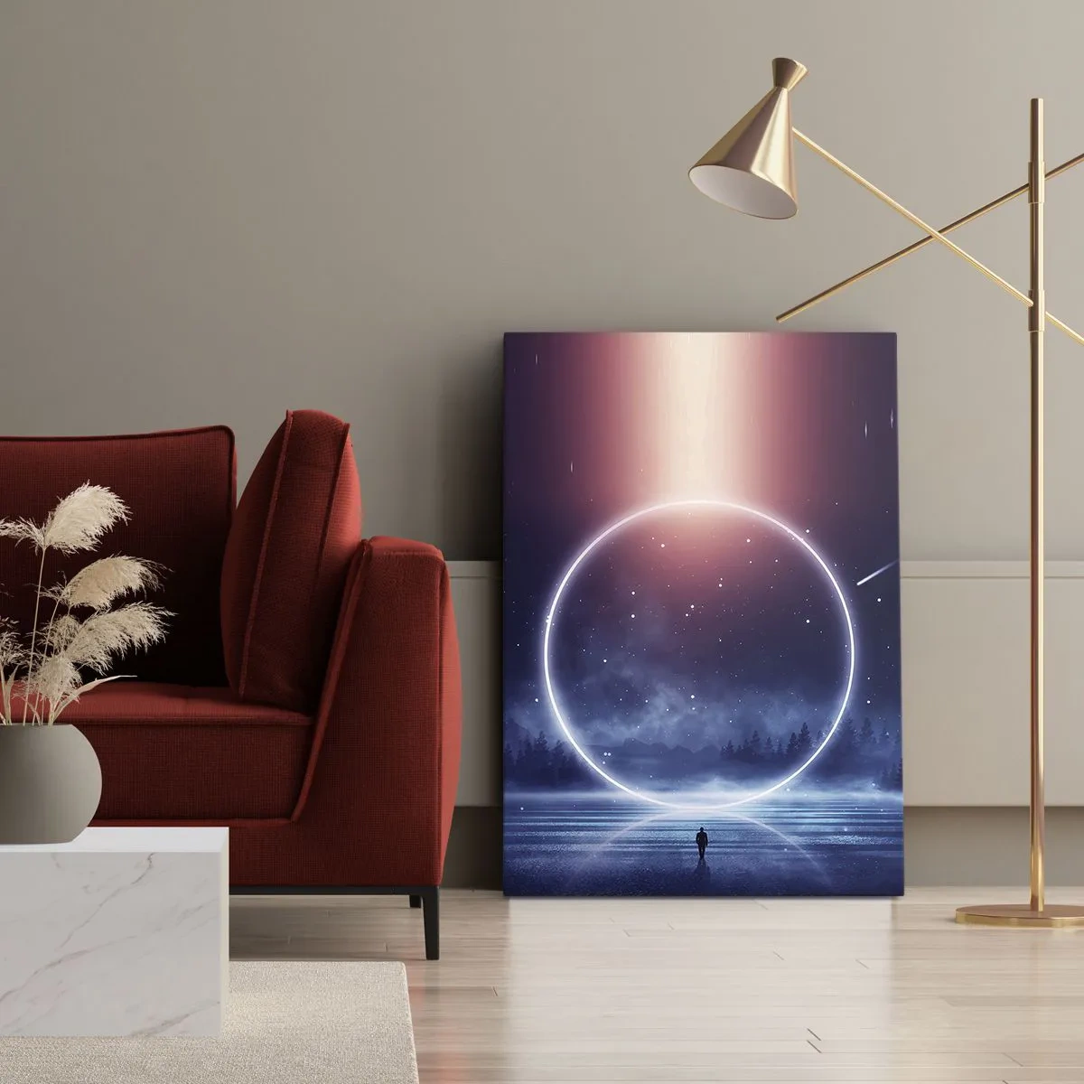 Obraz na płótnie - Magiczna aura z neonowym okręgiem nad jeziorem - 50x70cm - Już tu są… - Nowoczesna dekoracja ścienna do salonu, kuchni i sypialni ARTTOR