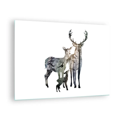 Obraz na szkle - Sylwetki jeleni z leśnym motywem w minimalistycznym stylu - 70x50cm - Rodzinna fotografia - Nowoczesna dekoracja ścienna do salonu i sypialni ARTTOR