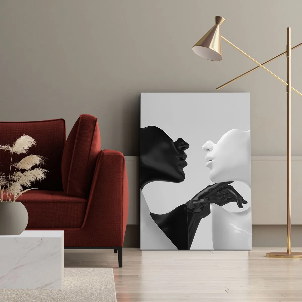 Obraz na płótnie - Czarno-białe twarze zbliżające się do pocałunku na szarym tle - 50x70cm - Przyciąganie – pożądanie - Nowoczesna dekoracja ścienna do salonu, kuchni i sypialni ARTTOR