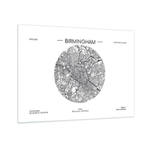 Obraz na szkle - Czarno-biała mapa Birmingham w nowoczesnym stylu graficznym - 70x50cm - Anatomia Birmingham - Nowoczesna dekoracja ścienna do salonu i sypialni ARTTOR