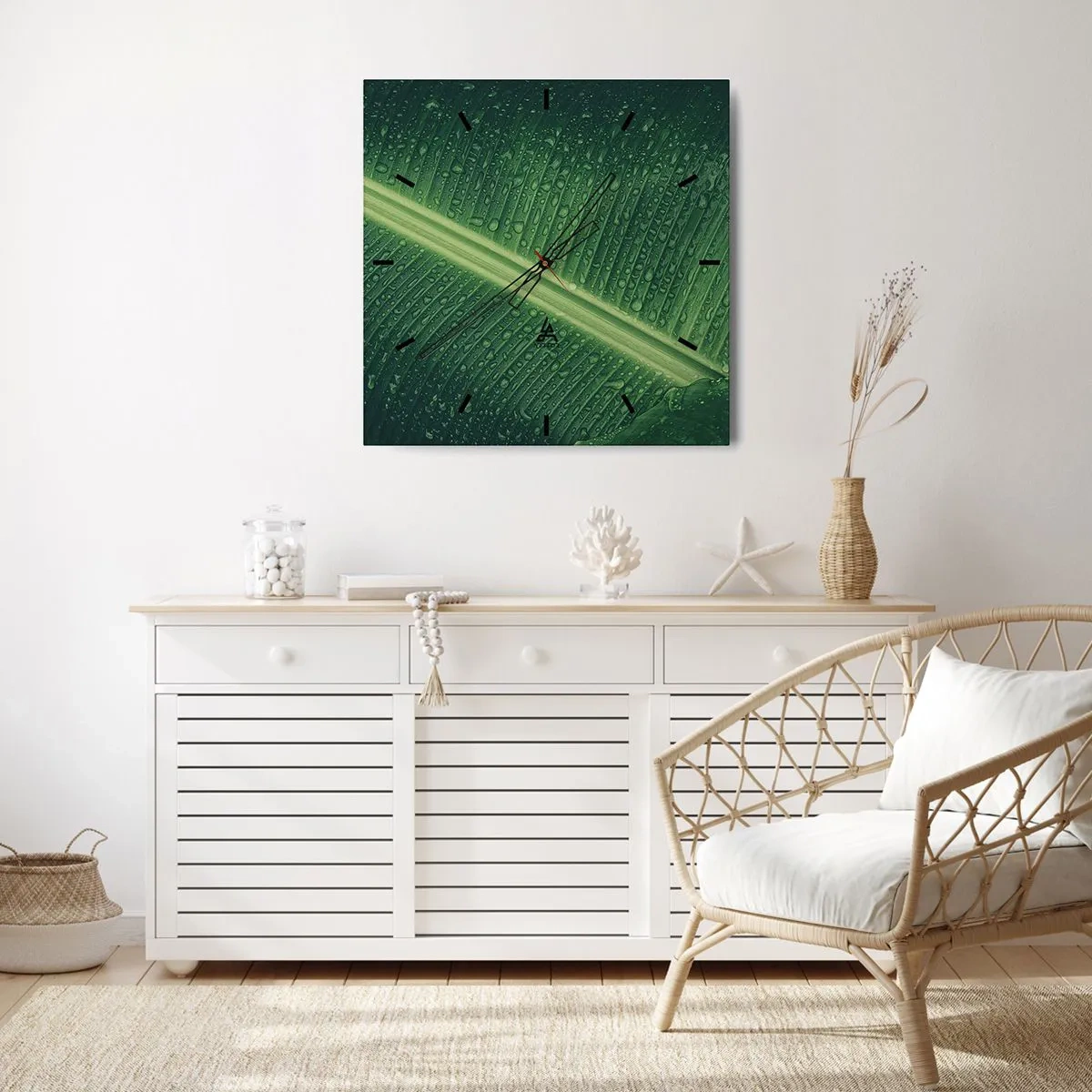 Zegar ścienny - Zielony liść z kroplami wody na powierzchni - 30x30cm - Struktura zieleni - Nowoczesna dekoracja ścienna do salonu i sypialni ARTTOR