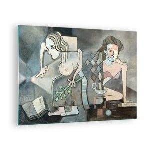 Obraz na szkle - Abstrakcyjna scena z dwoma postaciami w kubistycznym stylu - 70x50cm - Mozaika ducha i materii - Nowoczesna dekoracja ścienna do salonu i sypialni ARTTOR