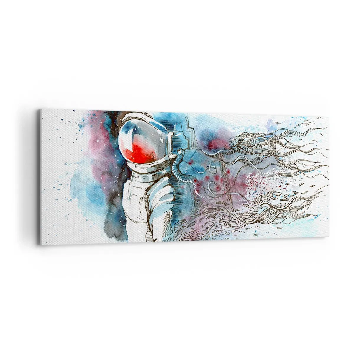 Obraz na płótnie - Kosmonauta w dynamicznej akwareli z kosmicznymi detalami - 120x50cm - Sam na sam z kosmosem - Nowoczesna dekoracja ścienna do salonu i sypialni ARTTOR