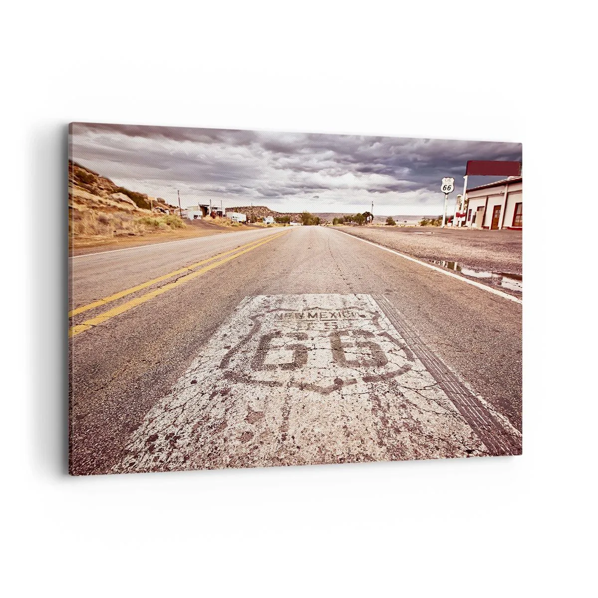 Obraz na płótnie - Droga Route 66 w klimacie pustynnym z malowniczym niebem - 120x80cm - Mother Road - amerykańska legenda - Nowoczesna dekoracja ścienna do salonu, kuchni i sypialni ARTTOR